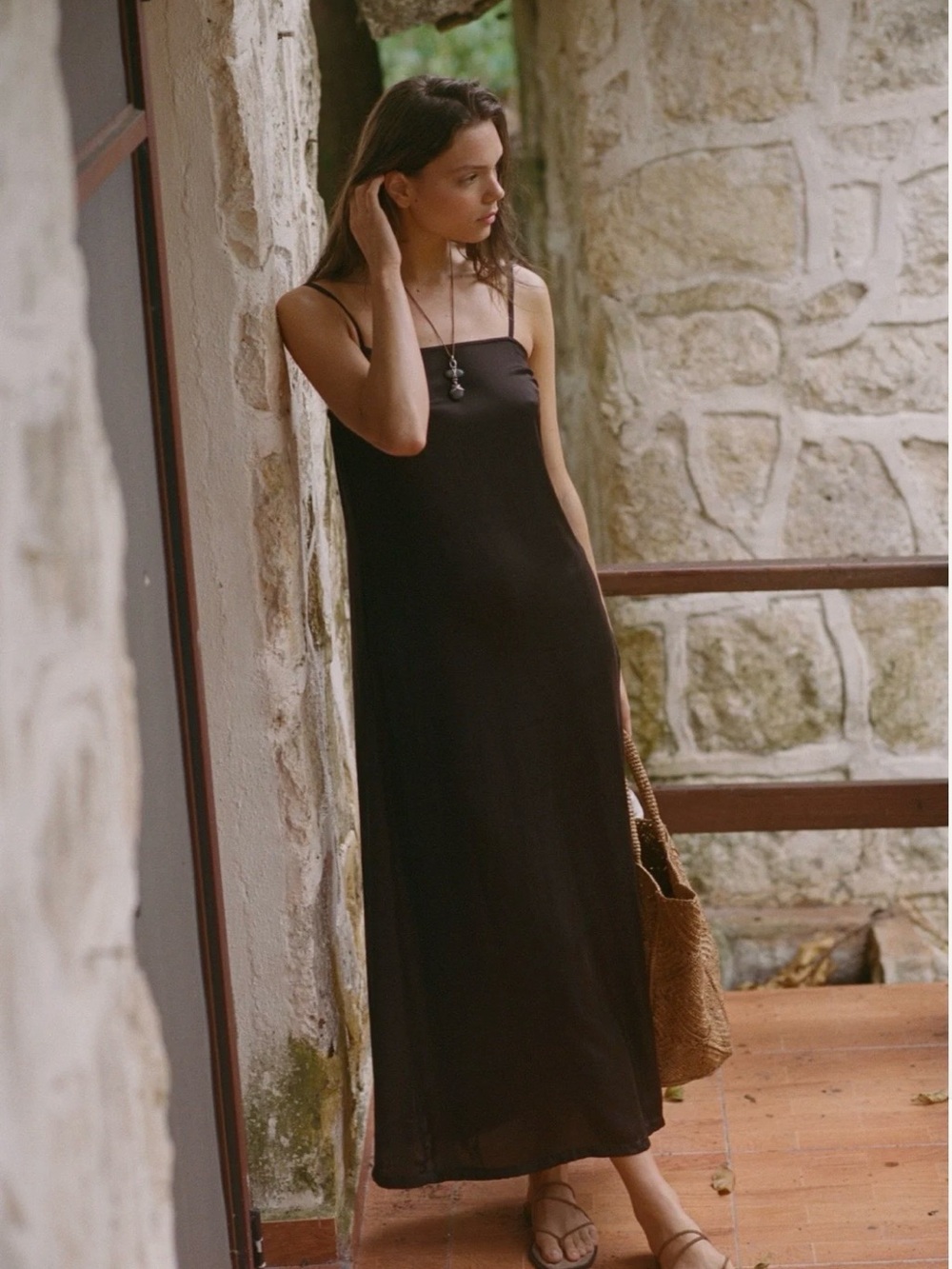 Vitamin A Rhea Maxi Slip Dress with Spaghetti Straps. XS. Deep Earth.